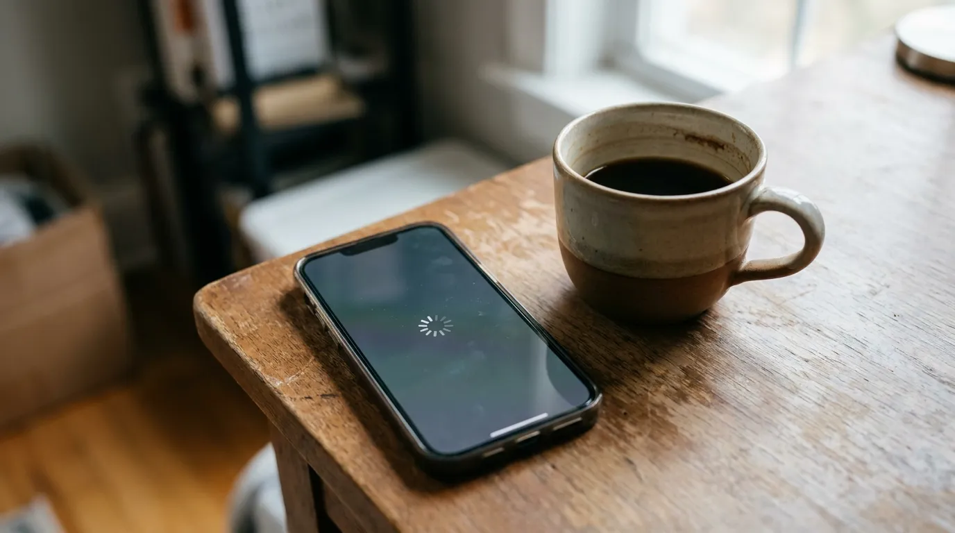 a phone screen showing a loading spinner next to a coffee mug on a desk