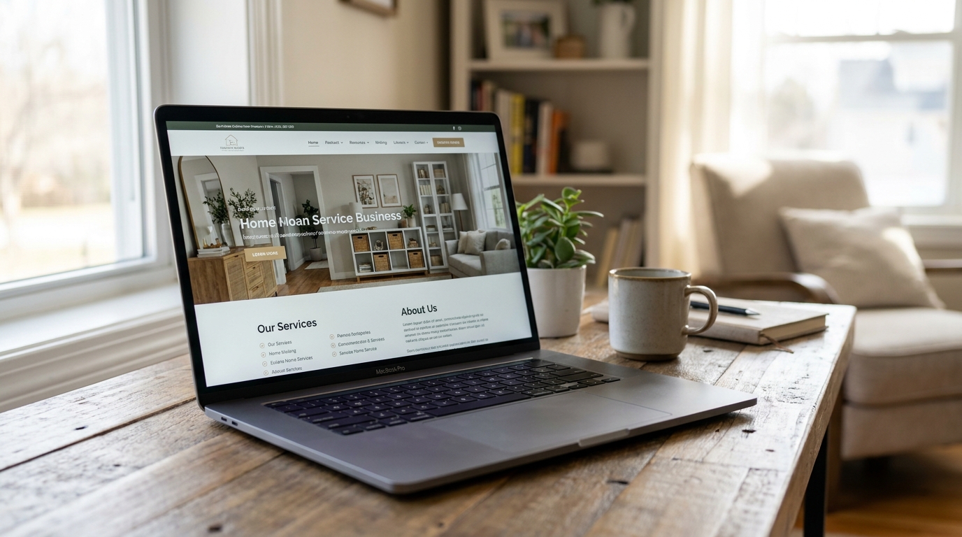 a laptop on a desk showing a clean modern website design with a service business homepage
