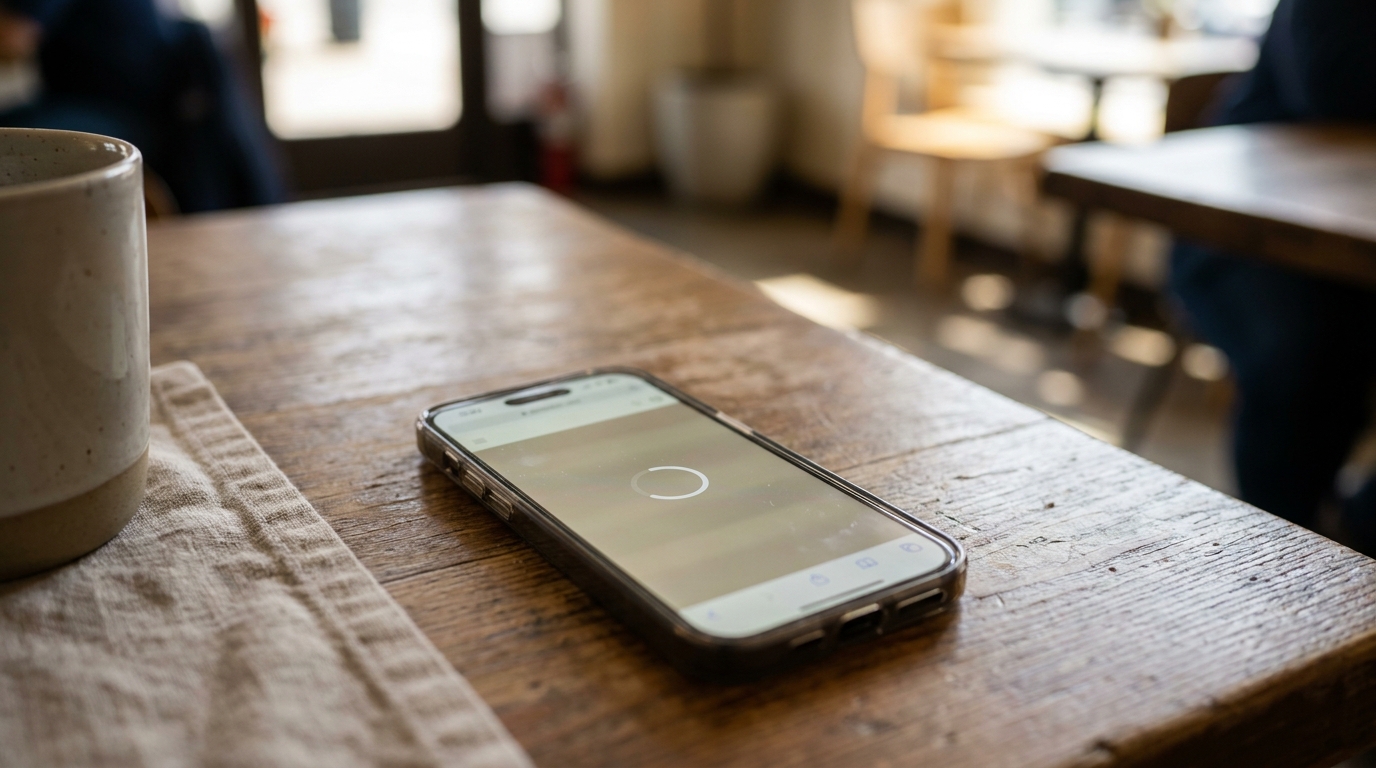 a smartphone on a wooden table showing a loading spinner on a website