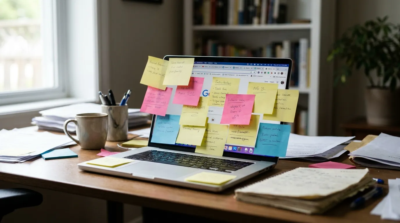 a cluttered desk with sticky notes covering a laptop showing multiple browser tabs