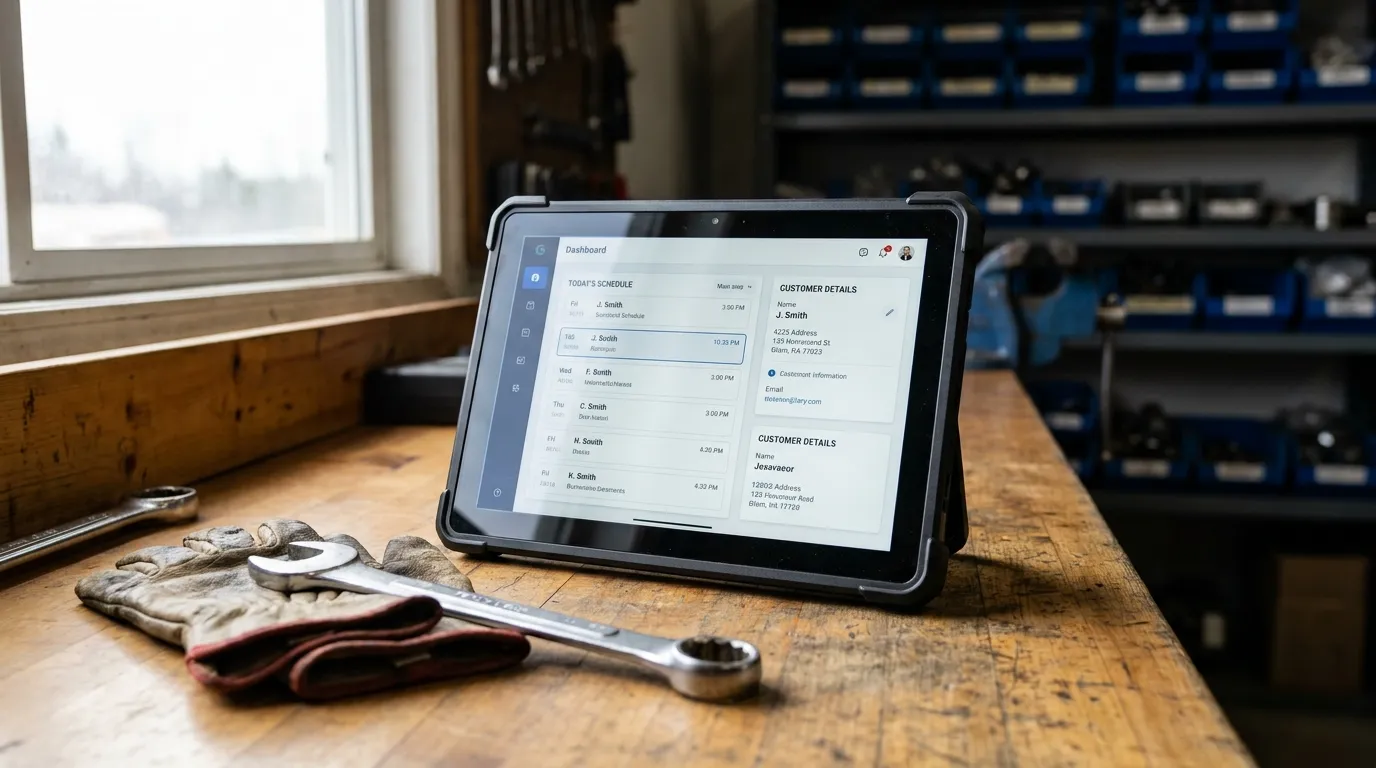 a tablet on a workbench showing a clean dashboard with job schedule and customer details