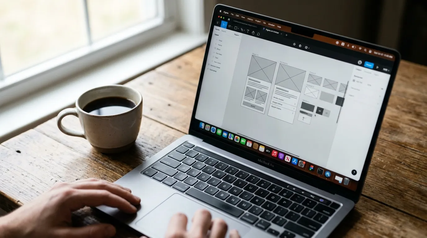 a laptop screen showing Figma wireframes next to a coffee mug on a wooden desk