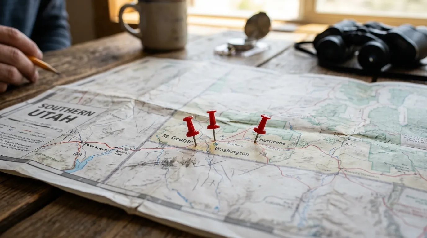 a paper map of Southern Utah with red pins marking St George Washington and Hurricane