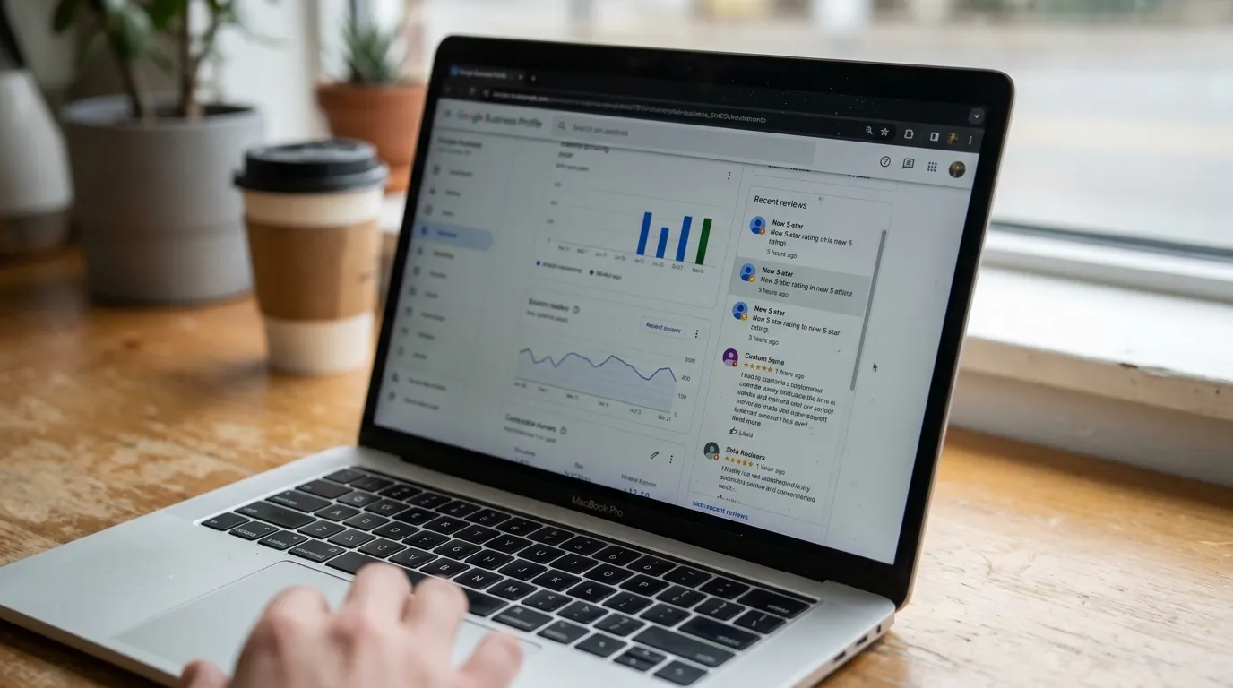 a laptop screen displaying a Google Business Profile dashboard with recent review notifications