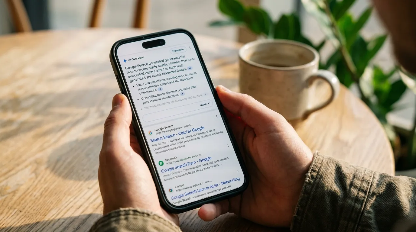 a phone screen showing a Google AI Overview above traditional blue link search results